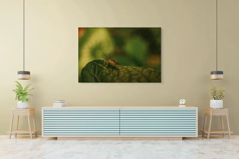Tablou Canvas, "Insectă pe frunză verde și rugoasă", Insectă, Frunză, Verde, Textură, Natură, Lumină, Detaliu, Culoare, Contrast, Tranquilitate, 150 x 100 cm – poza 6