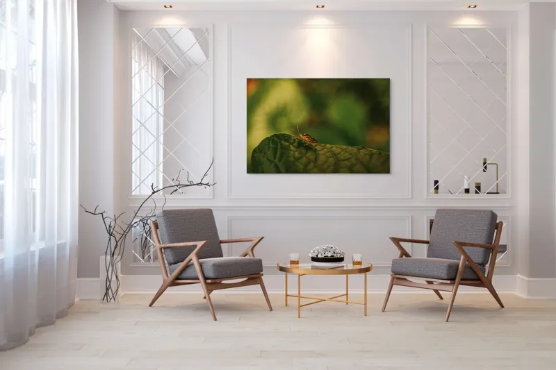 Tablou Canvas, "Insectă pe frunză verde și rugoasă", Insectă, Frunză, Verde, Textură, Natură, Lumină, Detaliu, Culoare, Contrast, Tranquilitate, 150 x 100 cm – poza 7