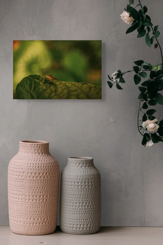 Tablou Canvas, "Insectă pe frunză verde și rugoasă", Insectă, Frunză, Verde, Textură, Natură, Lumină, Detaliu, Culoare, Contrast, Tranquilitate, 39 x 26 cm – poza 4