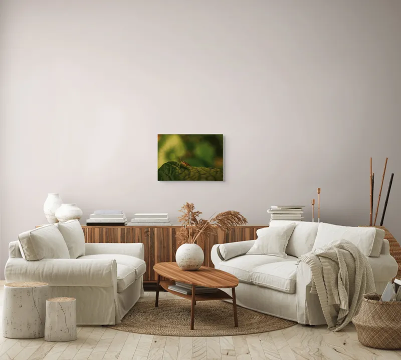 Tablou Canvas, "Insectă pe frunză verde și rugoasă", Insectă, Frunză, Verde, Textură, Natură, Lumină, Detaliu, Culoare, Contrast, Tranquilitate, 54 x 39 cm – poza 5
