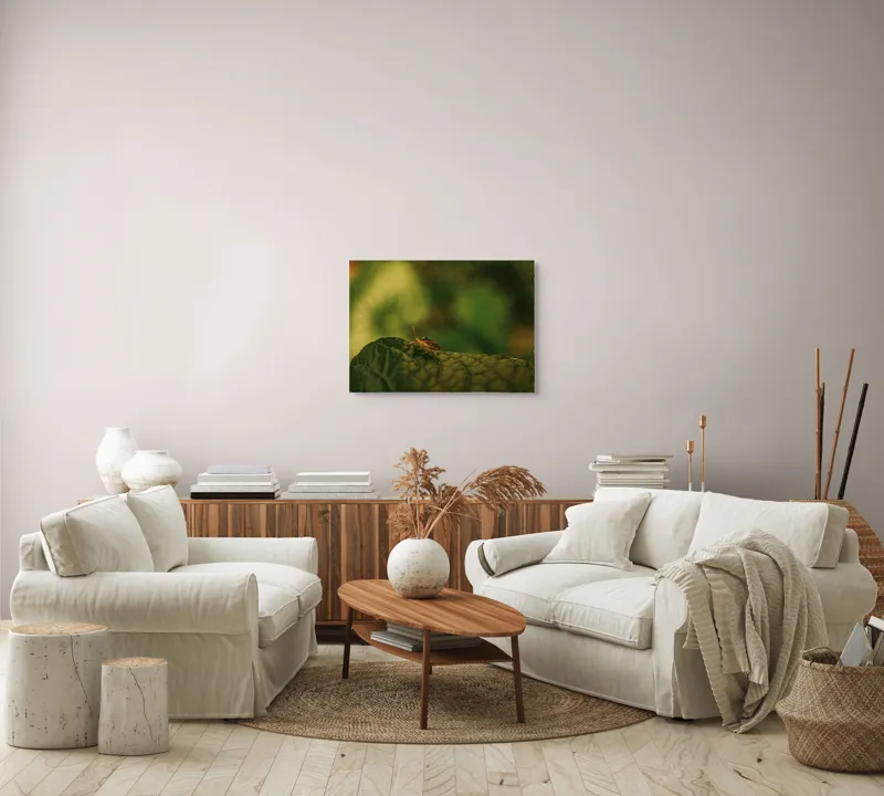 Tablou Canvas, "Insectă pe frunză verde și rugoasă", Insectă, Frunză, Verde, Textură, Natură, Lumină, Detaliu, Culoare, Contrast, Tranquilitate, 70 x 50 cm – poza 6