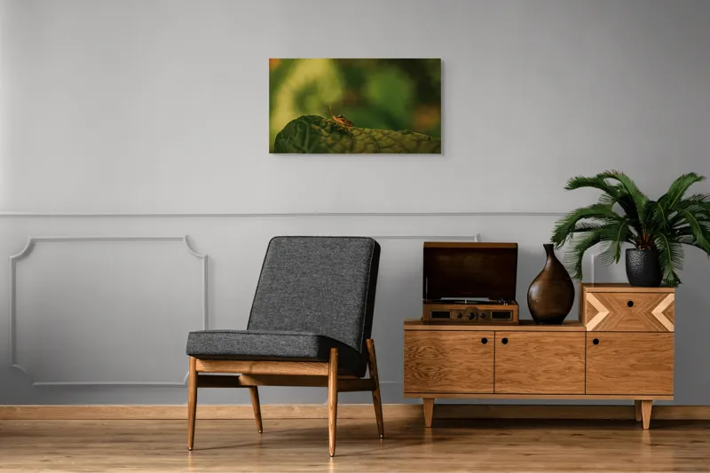 Tablou Canvas, "Insectă pe frunză verde și rugoasă", Insectă, Frunză, Verde, Textură, Natură, Lumină, Detaliu, Culoare, Contrast, Tranquilitate, 90 x 50 cm – poza 6
