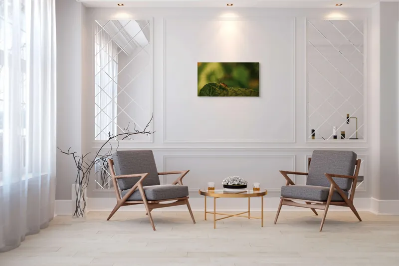 Tablou Canvas, "Insectă pe frunză verde și rugoasă", Insectă, Frunză, Verde, Textură, Natură, Lumină, Detaliu, Culoare, Contrast, Tranquilitate, 90 x 50 cm – poza 7