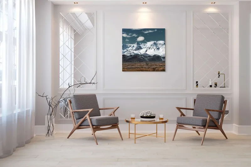 Tablou Canvas, "Vârfuri înzăpezite sub cer senin", Majestuoase, Montane, Zăpadă, Nori, Tranquil, Peisaj, Natură, Vârfuri, 100 x 100 cm – poza 7