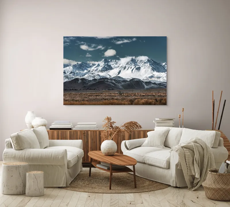 Tablou Canvas, "Vârfuri înzăpezite sub cer senin", Majestuoase, Montane, Zăpadă, Nori, Tranquil, Peisaj, Natură, Vârfuri, 150 x 100 cm – poza 3