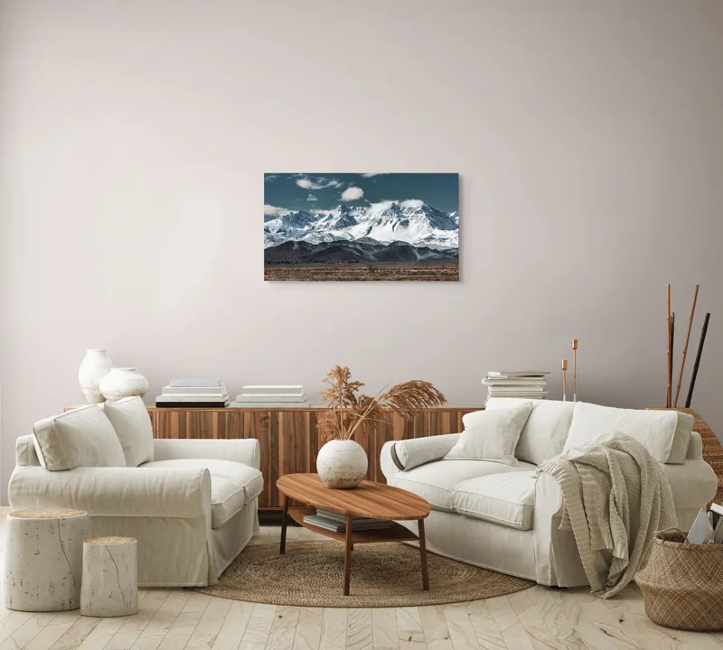 Tablou Canvas, "Vârfuri înzăpezite sub cer senin", Majestuoase, Montane, Zăpadă, Nori, Tranquil, Peisaj, Natură, Vârfuri, 90 x 50 cm – poza 4