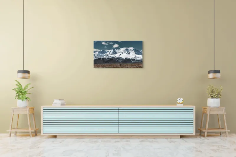 Tablou Canvas, "Vârfuri înzăpezite sub cer senin", Majestuoase, Montane, Zăpadă, Nori, Tranquil, Peisaj, Natură, Vârfuri, 90 x 50 cm – poza 5