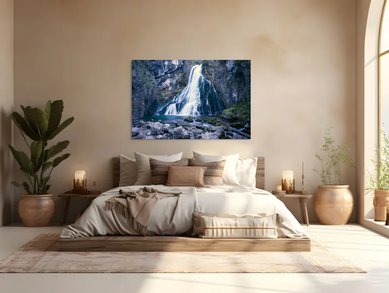 Tablou Canvas, "Cascadă încântătoare în inima muntelui", Cascadă, Roci, Apă, Vegetație, Natură, Munți, Licheni, Frumusețe, Răcoritor, Pădure., 150 x 100 cm – poza 4