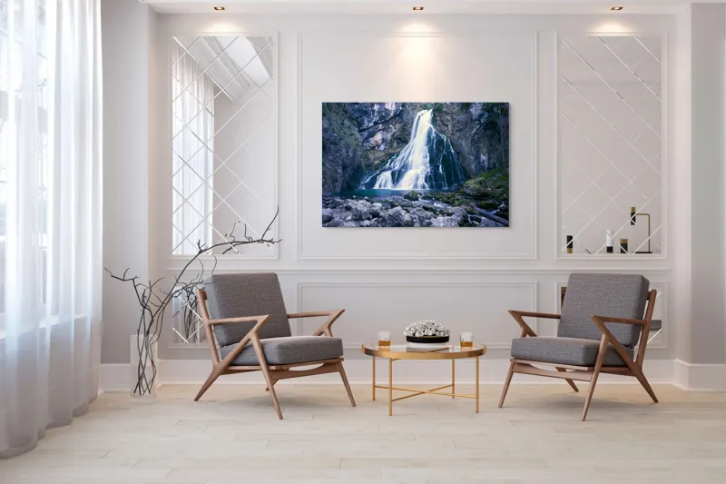 Tablou Canvas, "Cascadă încântătoare în inima muntelui", Cascadă, Roci, Apă, Vegetație, Natură, Munți, Licheni, Frumusețe, Răcoritor, Pădure., 150 x 100 cm – poza 7