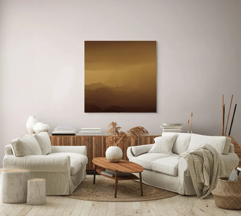 Tablou Canvas, "Solitudinea călătorului în deșertul infinit", Deșert, Solitudine, Siluetă, Ceață, Armonie, Liniște, Monocrom, Văluri, Mister, Peisaj, 100 x 100 cm – poza 3