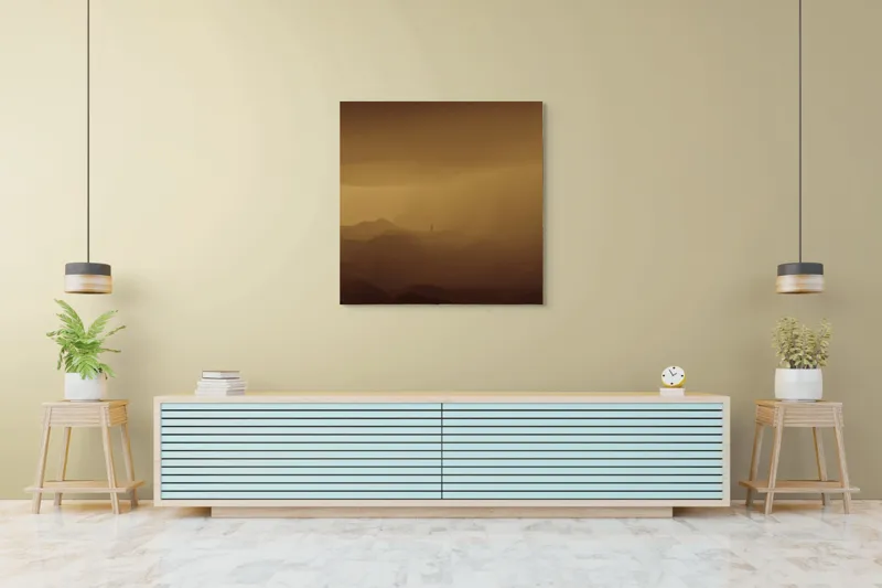 Tablou Canvas, "Solitudinea călătorului în deșertul infinit", Deșert, Solitudine, Siluetă, Ceață, Armonie, Liniște, Monocrom, Văluri, Mister, Peisaj, 100 x 100 cm – poza 5