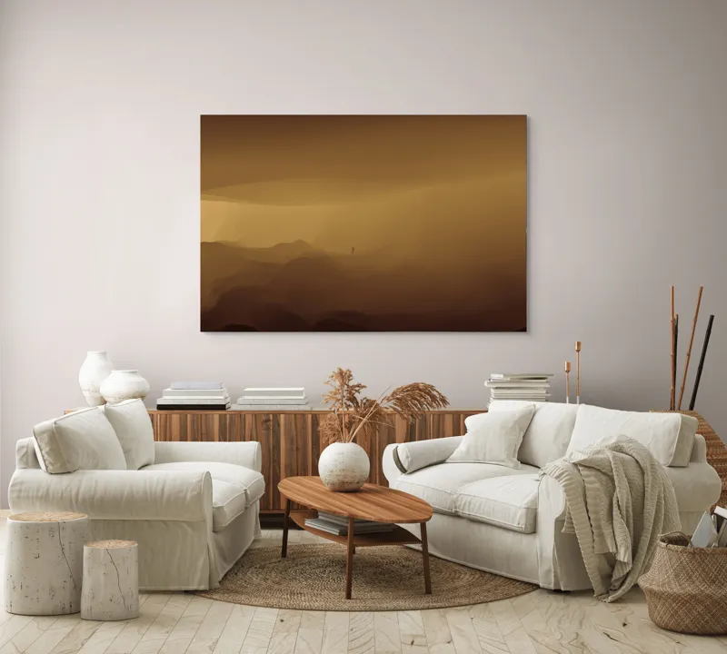 Tablou Canvas, "Solitudinea călătorului în deșertul infinit", Deșert, Solitudine, Siluetă, Ceață, Armonie, Liniște, Monocrom, Văluri, Mister, Peisaj, 150 x 100 cm – poza 3