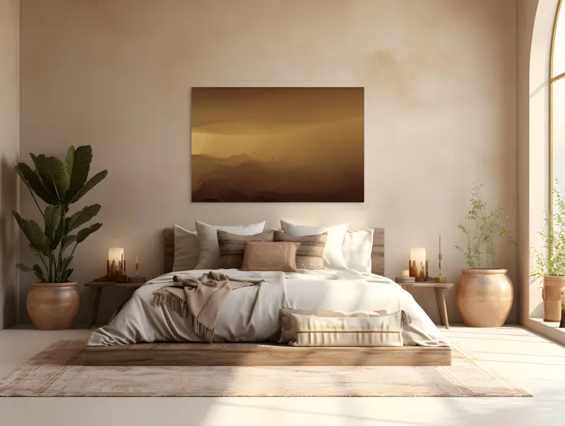 Tablou Canvas, "Solitudinea călătorului în deșertul infinit", Deșert, Solitudine, Siluetă, Ceață, Armonie, Liniște, Monocrom, Văluri, Mister, Peisaj, 150 x 100 cm – poza 4