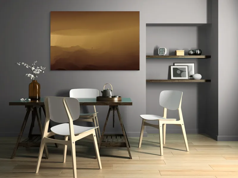 Tablou Canvas, "Solitudinea călătorului în deșertul infinit", Deșert, Solitudine, Siluetă, Ceață, Armonie, Liniște, Monocrom, Văluri, Mister, Peisaj, 150 x 100 cm – poza 5