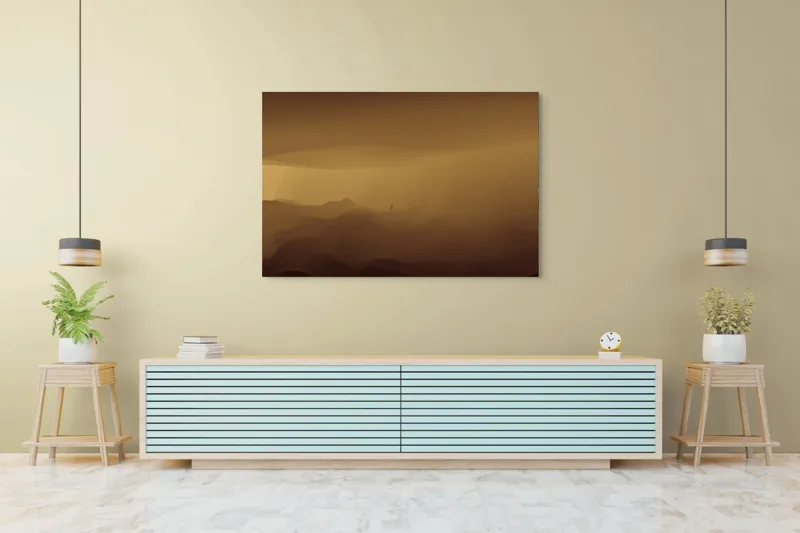 Tablou Canvas, "Solitudinea călătorului în deșertul infinit", Deșert, Solitudine, Siluetă, Ceață, Armonie, Liniște, Monocrom, Văluri, Mister, Peisaj, 150 x 100 cm – poza 6