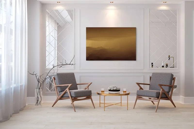 Tablou Canvas, "Solitudinea călătorului în deșertul infinit", Deșert, Solitudine, Siluetă, Ceață, Armonie, Liniște, Monocrom, Văluri, Mister, Peisaj, 150 x 100 cm – poza 7