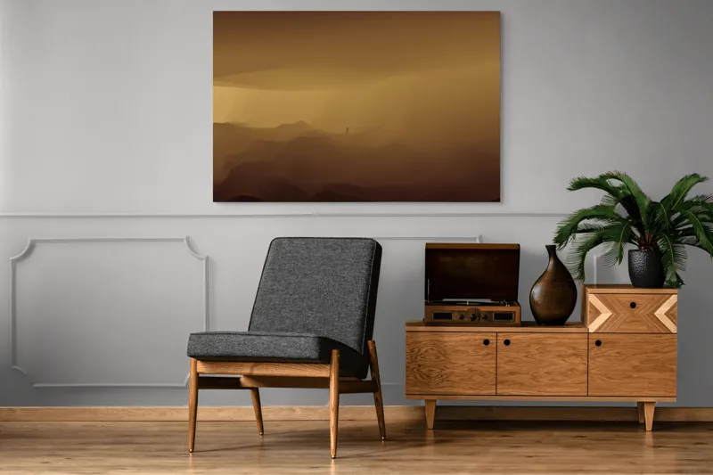 Tablou Canvas, "Solitudinea călătorului în deșertul infinit", Deșert, Solitudine, Siluetă, Ceață, Armonie, Liniște, Monocrom, Văluri, Mister, Peisaj, 150 x 100 cm – poza 8