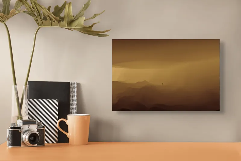 Tablou Canvas, "Solitudinea călătorului în deșertul infinit", Deșert, Solitudine, Siluetă, Ceață, Armonie, Liniște, Monocrom, Văluri, Mister, Peisaj, 39 x 26 cm – poza 3