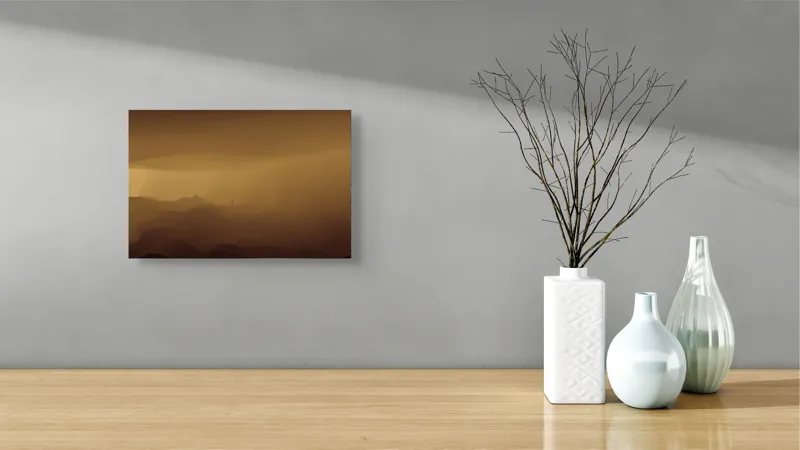 Tablou Canvas, "Solitudinea călătorului în deșertul infinit", Deșert, Solitudine, Siluetă, Ceață, Armonie, Liniște, Monocrom, Văluri, Mister, Peisaj, 39 x 26 cm – poza 8