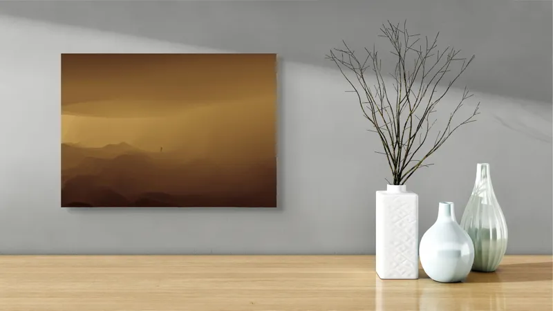 Tablou Canvas, "Solitudinea călătorului în deșertul infinit", Deșert, Solitudine, Siluetă, Ceață, Armonie, Liniște, Monocrom, Văluri, Mister, Peisaj, 54 x 39 cm – poza 3