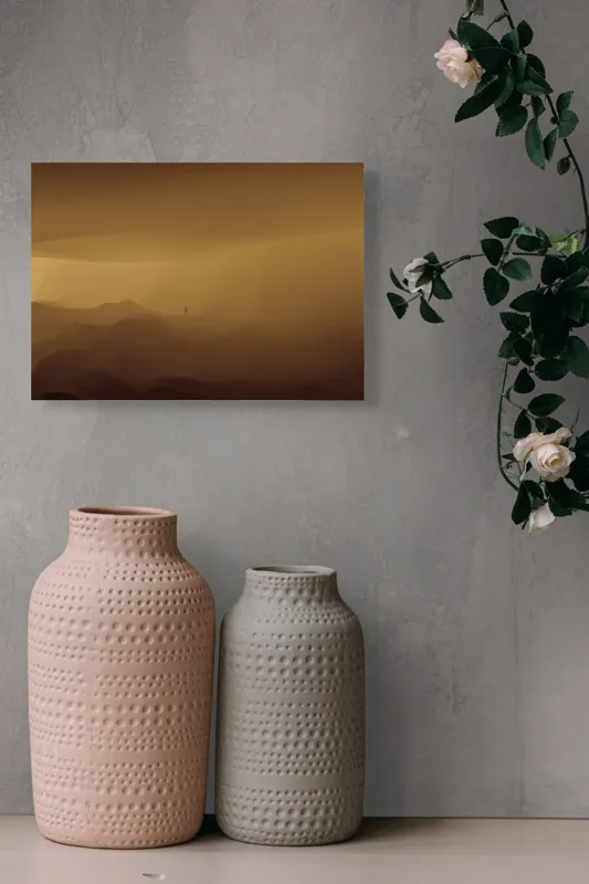 Tablou Canvas, "Solitudinea călătorului în deșertul infinit", Deșert, Solitudine, Siluetă, Ceață, Armonie, Liniște, Monocrom, Văluri, Mister, Peisaj, 54 x 39 cm – poza 8