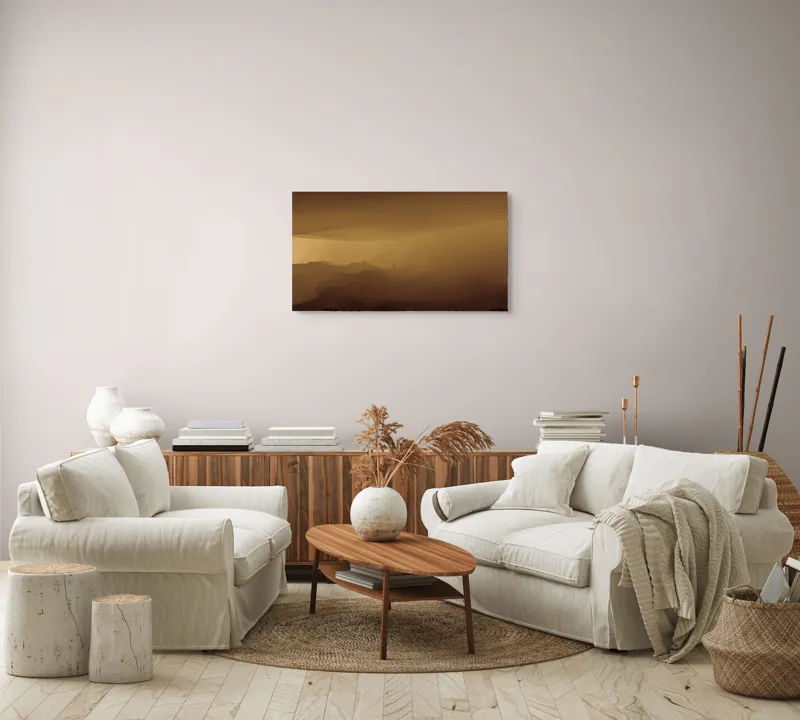 Tablou Canvas, "Solitudinea călătorului în deșertul infinit", Deșert, Solitudine, Siluetă, Ceață, Armonie, Liniște, Monocrom, Văluri, Mister, Peisaj, 90 x 50 cm – poza 4