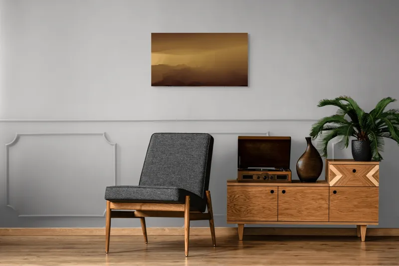 Tablou Canvas, "Solitudinea călătorului în deșertul infinit", Deșert, Solitudine, Siluetă, Ceață, Armonie, Liniște, Monocrom, Văluri, Mister, Peisaj, 90 x 50 cm – poza 6