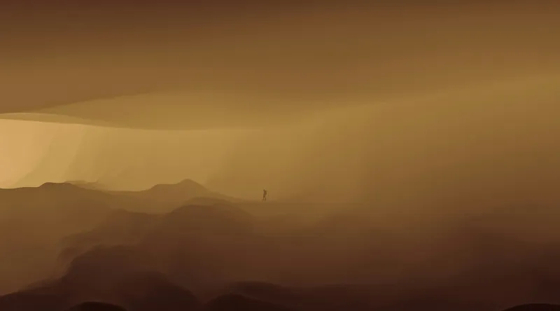 Tablou Canvas, "Solitudinea călătorului în deșertul infinit", Deșert, Solitudine, Siluetă, Ceață, Armonie, Liniște, Monocrom, Văluri, Mister, Peisaj, 90 x 50 cm – poza 2
