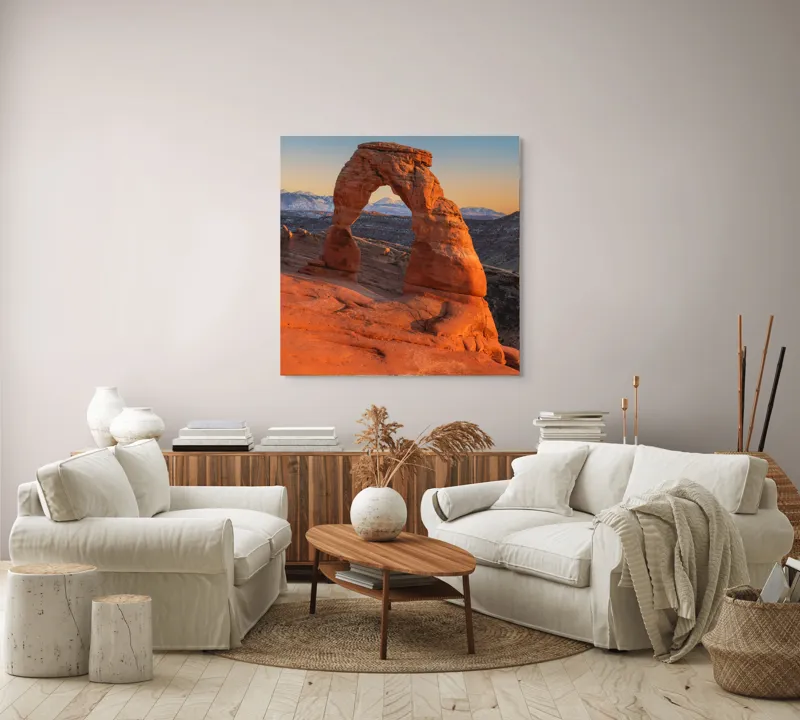 Tablou Canvas, "Arcul de piatră în amurg", Arc, Roca, Apus, Peisaj, Munte, Deșert, Culoare, Natură, Formă, Orizont, 100 x 100 cm – poza 3