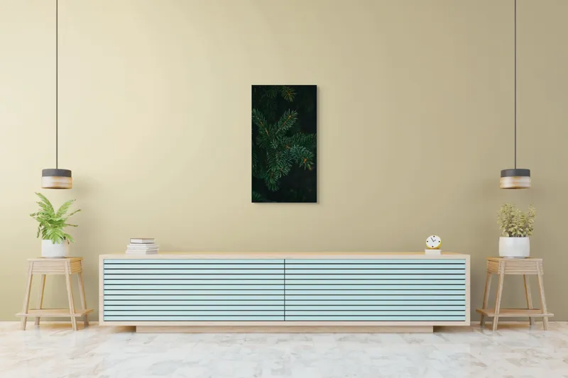 Tablou Canvas, "Crenguțe de brad în întuneric", Ace, Verde, Frunziș, Întuneric, Natură, Detaliu, Textură, Calm, Mușchi, Organic, 50 x 90 cm – poza 6