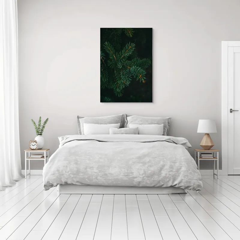 Tablou Canvas, "Crenguțe de brad în întuneric", Ace, Verde, Frunziș, Întuneric, Natură, Detaliu, Textură, Calm, Mușchi, Organic, 70 x 100 cm – poza 3