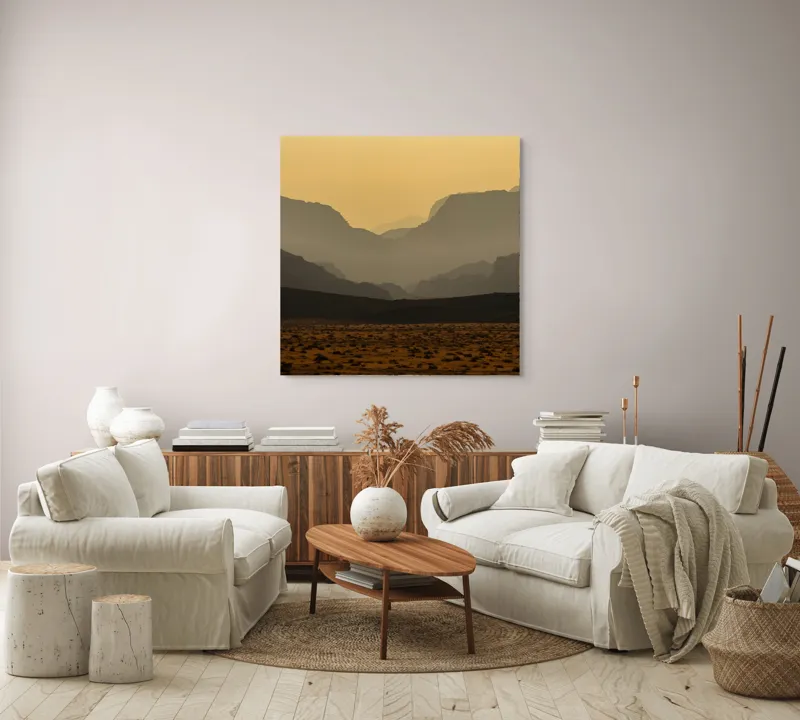 Tablou Canvas, "Deșertul viselor îndepărtate", Deșert, Munți, Siluetă, Apus, Nisip, Peisaj, Culoare, Liniște, Vârfuri, Orizont, 100 x 100 cm – poza 3