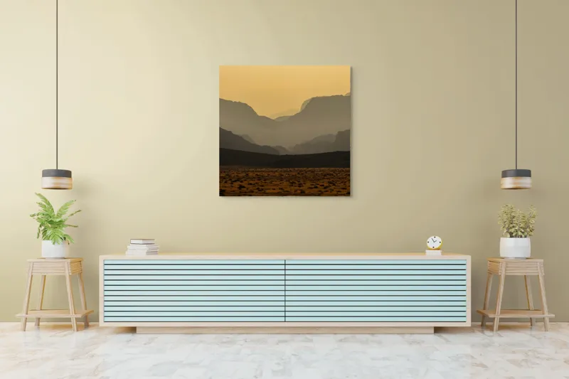 Tablou Canvas, "Deșertul viselor îndepărtate", Deșert, Munți, Siluetă, Apus, Nisip, Peisaj, Culoare, Liniște, Vârfuri, Orizont, 100 x 100 cm – poza 5