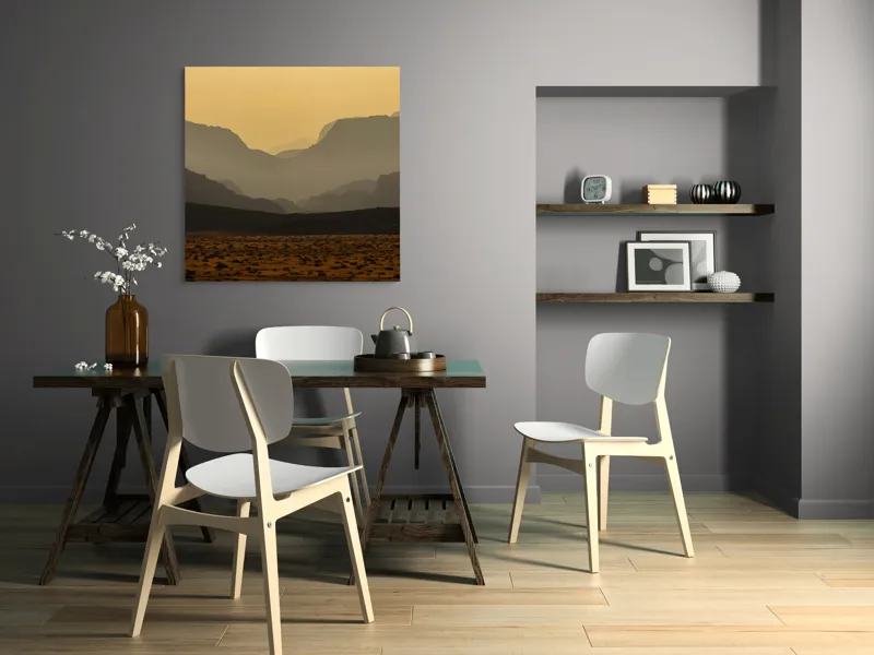 Tablou Canvas, "Deșertul viselor îndepărtate", Deșert, Munți, Siluetă, Apus, Nisip, Peisaj, Culoare, Liniște, Vârfuri, Orizont, 100 x 100 cm – poza 6
