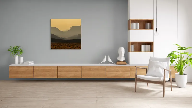 Tablou Canvas, "Deșertul viselor îndepărtate", Deșert, Munți, Siluetă, Apus, Nisip, Peisaj, Culoare, Liniște, Vârfuri, Orizont, 100 x 100 cm – poza 8