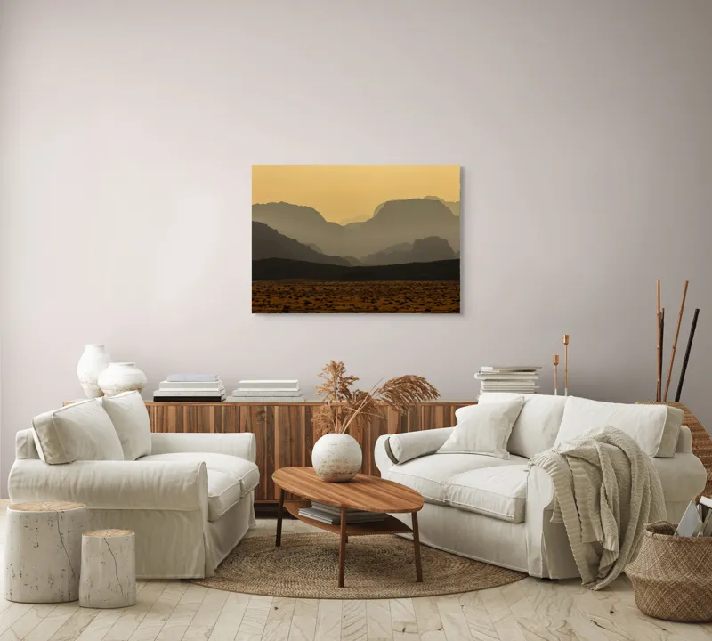 Tablou Canvas, "Deșertul viselor îndepărtate", Deșert, Munți, Siluetă, Apus, Nisip, Peisaj, Culoare, Liniște, Vârfuri, Orizont, 100 x 70 cm – poza 3