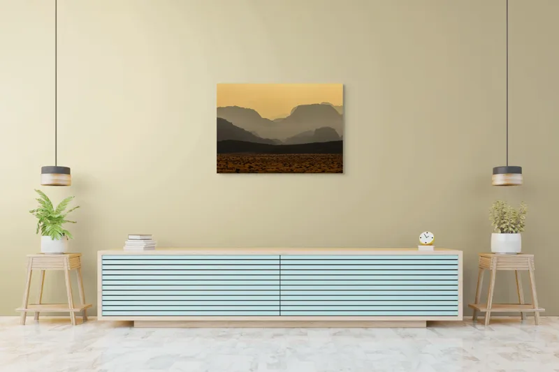 Tablou Canvas, "Deșertul viselor îndepărtate", Deșert, Munți, Siluetă, Apus, Nisip, Peisaj, Culoare, Liniște, Vârfuri, Orizont, 100 x 70 cm – poza 4