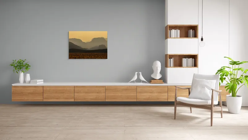 Tablou Canvas, "Deșertul viselor îndepărtate", Deșert, Munți, Siluetă, Apus, Nisip, Peisaj, Culoare, Liniște, Vârfuri, Orizont, 100 x 70 cm – poza 6
