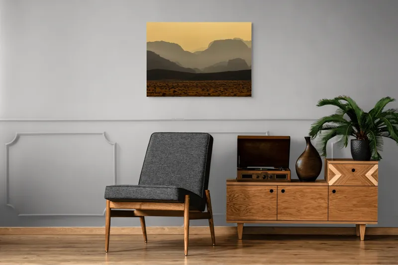 Tablou Canvas, "Deșertul viselor îndepărtate", Deșert, Munți, Siluetă, Apus, Nisip, Peisaj, Culoare, Liniște, Vârfuri, Orizont, 100 x 70 cm – poza 8