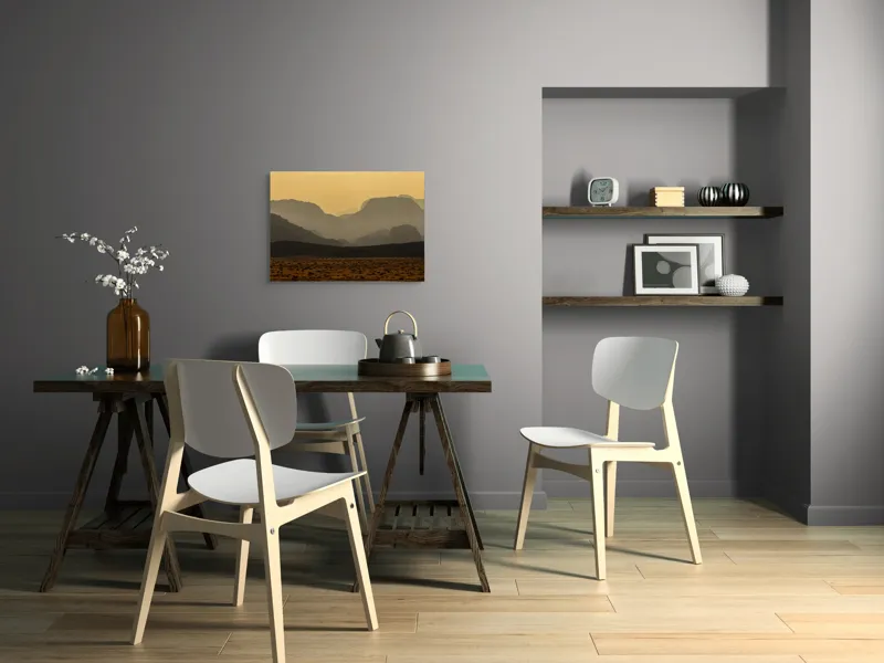 Tablou Canvas, "Deșertul viselor îndepărtate", Deșert, Munți, Siluetă, Apus, Nisip, Peisaj, Culoare, Liniște, Vârfuri, Orizont, 70 x 50 cm – poza 5