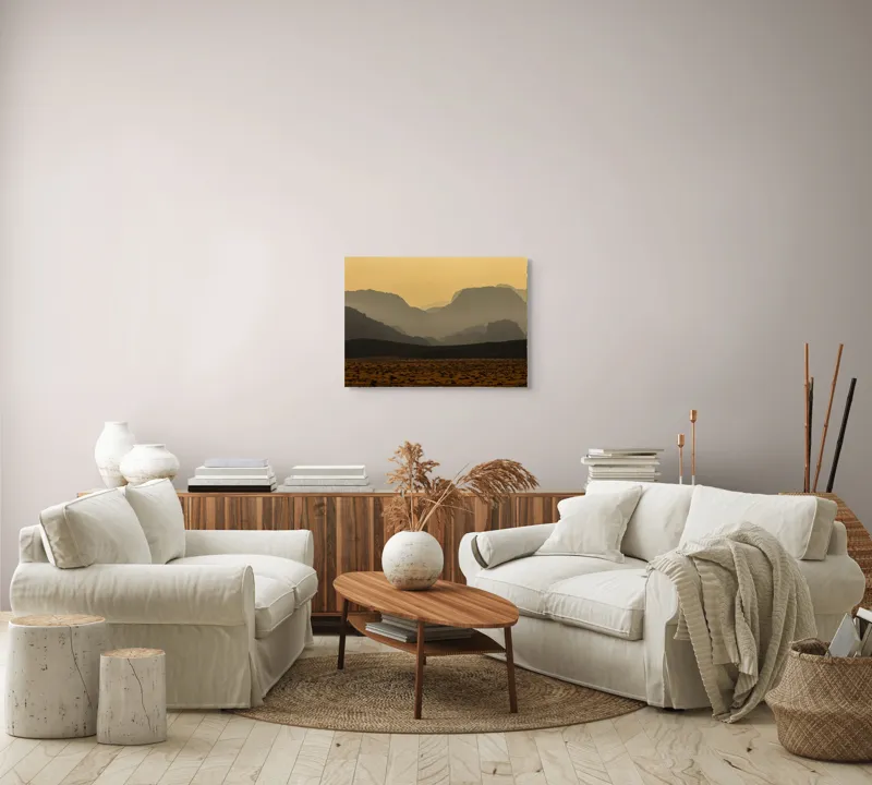 Tablou Canvas, "Deșertul viselor îndepărtate", Deșert, Munți, Siluetă, Apus, Nisip, Peisaj, Culoare, Liniște, Vârfuri, Orizont, 70 x 50 cm – poza 6
