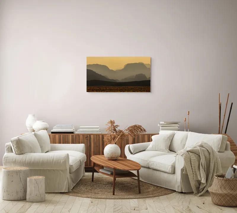 Tablou Canvas, "Deșertul viselor îndepărtate", Deșert, Munți, Siluetă, Apus, Nisip, Peisaj, Culoare, Liniște, Vârfuri, Orizont, 90 x 50 cm – poza 4