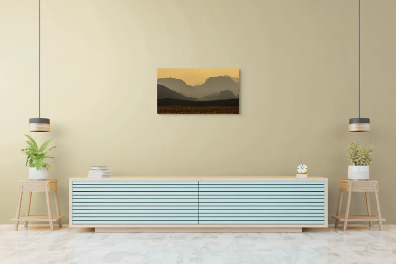 Tablou Canvas, "Deșertul viselor îndepărtate", Deșert, Munți, Siluetă, Apus, Nisip, Peisaj, Culoare, Liniște, Vârfuri, Orizont, 90 x 50 cm – poza 5