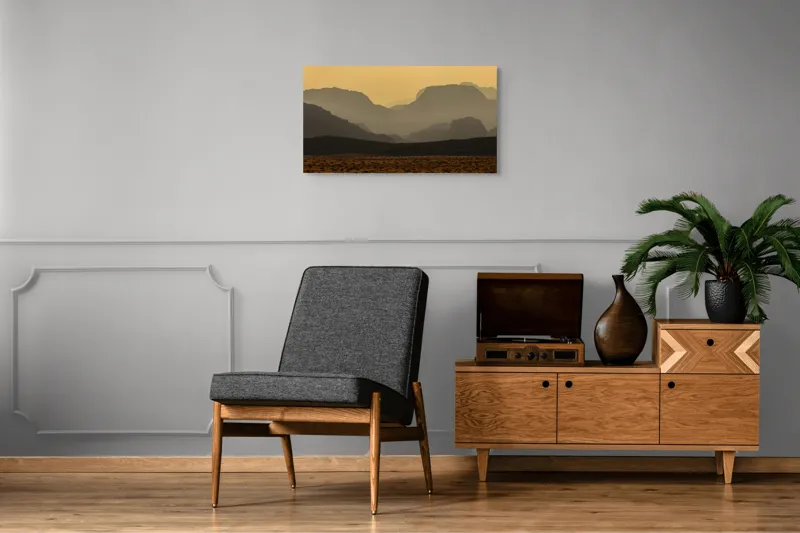 Tablou Canvas, "Deșertul viselor îndepărtate", Deșert, Munți, Siluetă, Apus, Nisip, Peisaj, Culoare, Liniște, Vârfuri, Orizont, 90 x 50 cm – poza 6