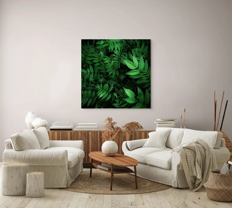 Tablou Canvas, "Verdele vibrant al naturii vii", Frunze, Verzi, Lumină, Textură, Natură, Vegetație, Abundență, Frumusețe, Armonie, Detaliu, 100 x 100 cm – poza 3