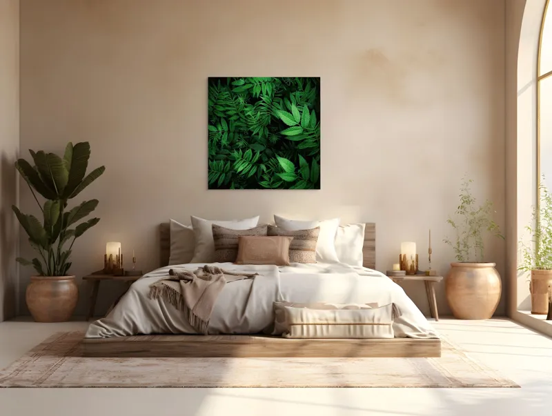 Tablou Canvas, "Verdele vibrant al naturii vii", Frunze, Verzi, Lumină, Textură, Natură, Vegetație, Abundență, Frumusețe, Armonie, Detaliu, 100 x 100 cm – poza 4