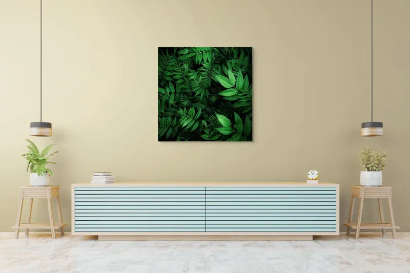 Tablou Canvas, "Verdele vibrant al naturii vii", Frunze, Verzi, Lumină, Textură, Natură, Vegetație, Abundență, Frumusețe, Armonie, Detaliu, 100 x 100 cm – poza 5