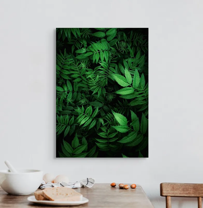 Tablou Canvas, "Verdele vibrant al naturii vii", Frunze, Verzi, Lumină, Textură, Natură, Vegetație, Abundență, Frumusețe, Armonie, Detaliu, 50 x 70 cm – poza 3