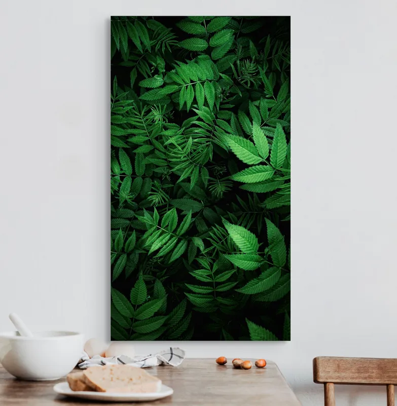 Tablou Canvas, "Verdele vibrant al naturii vii", Frunze, Verzi, Lumină, Textură, Natură, Vegetație, Abundență, Frumusețe, Armonie, Detaliu, 50 x 90 cm – poza 3
