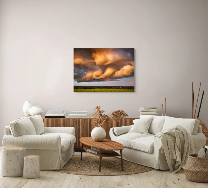 Tablou Canvas, "Apus de soare printre nori amenințători", Nor, Apus, Vânt, Câmp, Cer, Lumină, Dramatic, Natură, Peisaj, 100 x 70 cm – poza 3